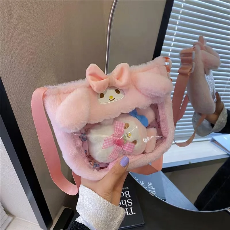 Kawaii Anime Handbag Super Soft Plush Kitty Cross Kuromi Cinnamoroll Crossbody Stuffed Shoulder Bag