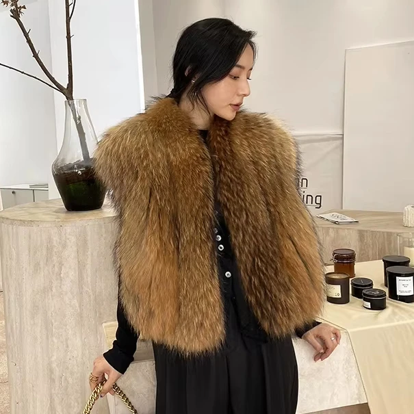Natural Color Fluffy Luxury Fur Vest Women Elegant Raccoon Fur Gilet Sleeveless Fox Fur Gilet