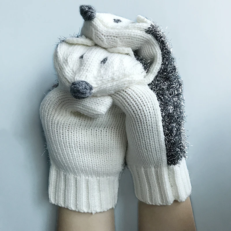 New Arrivals Winter Warm Embroidered Cute Hedgehog Cartoon Animal Mitten Knit Funny Soft Fluffy Mittens