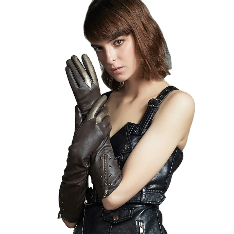 Женские длинные кожаные перчатки с сенсорным экраном