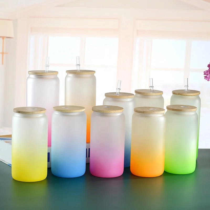 Hot sale 16oz rainbow Gradient sublimation glass mug  custom logo frosted glass straw beer mug cola bottle mason jar