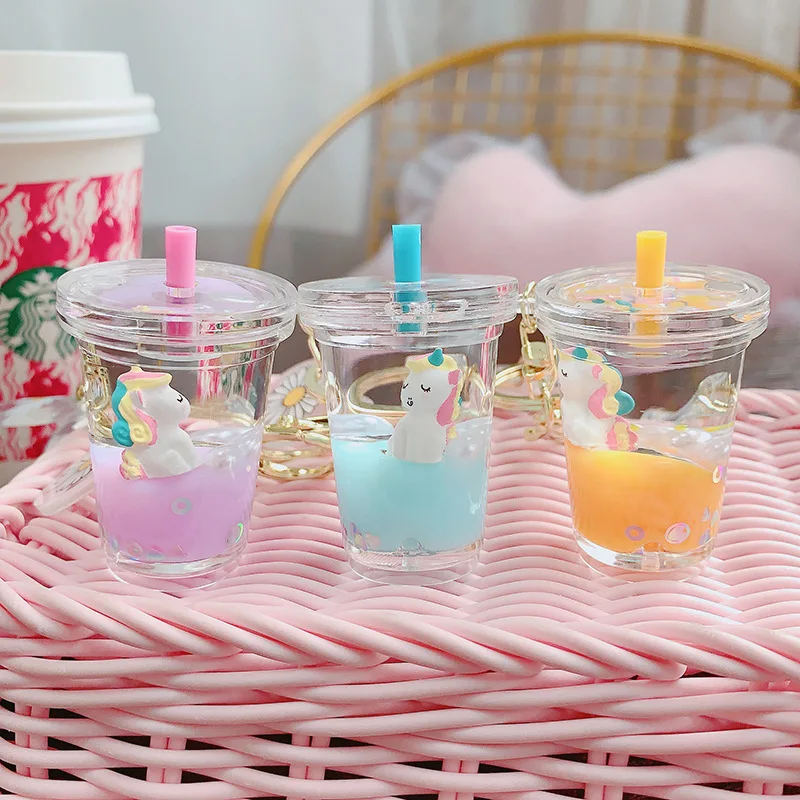 CustomMoving Liquid Quicksand Cute Keychain Charms Milk tea  Daisy Floating Keyring for Women Charm Bag Pendant Kids Gift