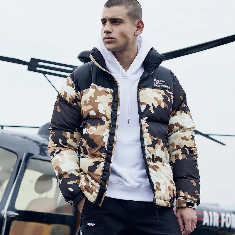 Men Outdoor Camo Insulated Jacket Hooded Full Zipper Up Winter Warm Puffer Jacket Cotton Padded Over Coat