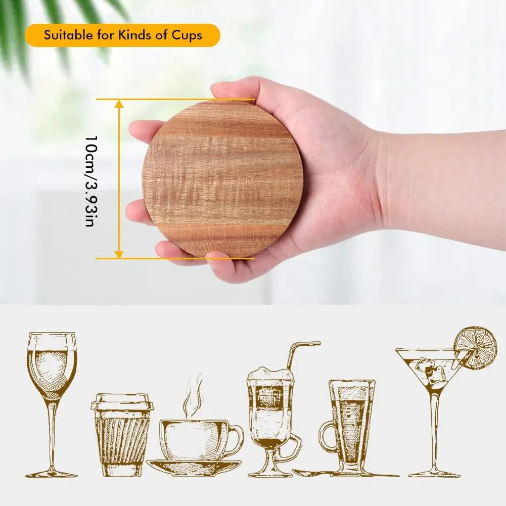 Coffee Table Dining Table Desk Set of 6 Acacia Wood Coasters For Drinks With Bottle Opener Holder