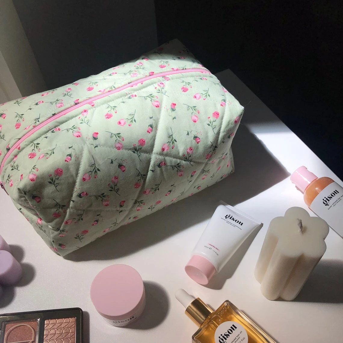 Customized Floral Makeup Pouch Pink Colorful Travel Storage Bag pink Cute Flower Cotton Cosmetic Bag For Girls