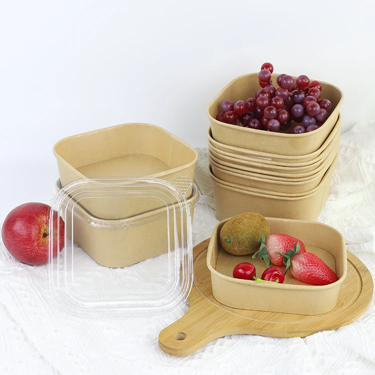 Factory Direct Compostable Biodegradable 750ml 1000ml 1200ml Square Kraft Paper Kraft Bowl Paper Food Container With PP PET Lid