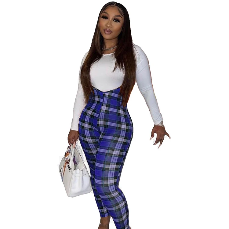 Women Casual Overalls Pencil Pants Plaid Long Suspenders Trousers Straight Leg Jumpsuits Rompers