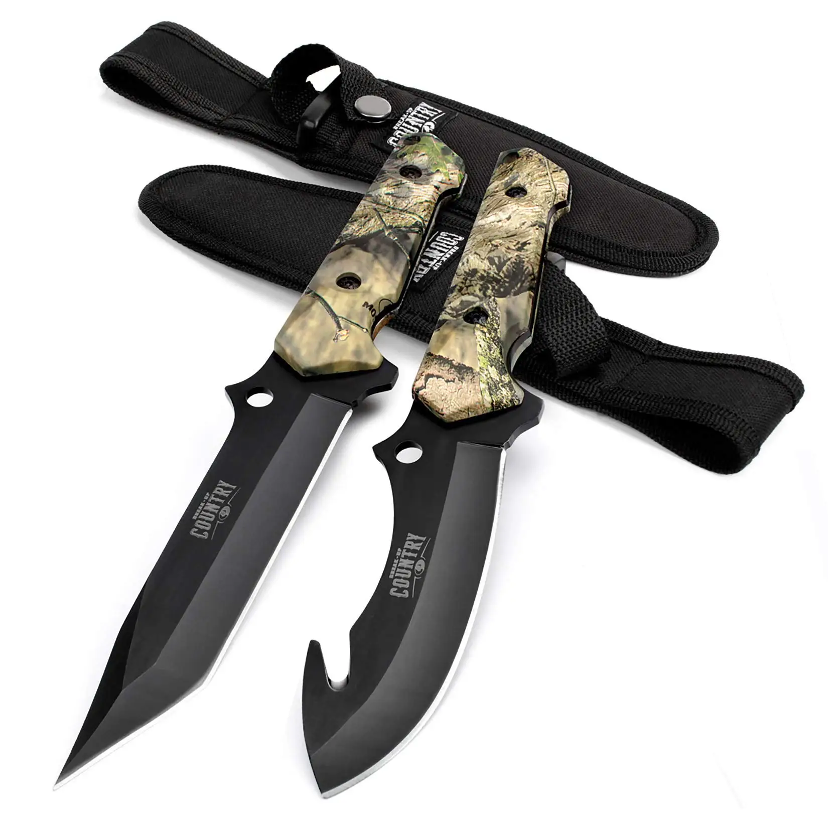 Fixed Blade Hunting Knife Set - 2 Piece, Full Tang Handle Straight Edge and Gut Hook Blades Game Processing Knife