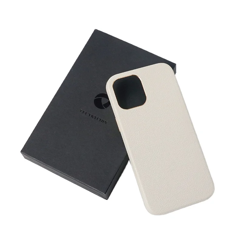 New Product Litchi Full Wrapped Edge Gold Camera Frame Button Vegan Cover Fashion Grain Leather Phone Case