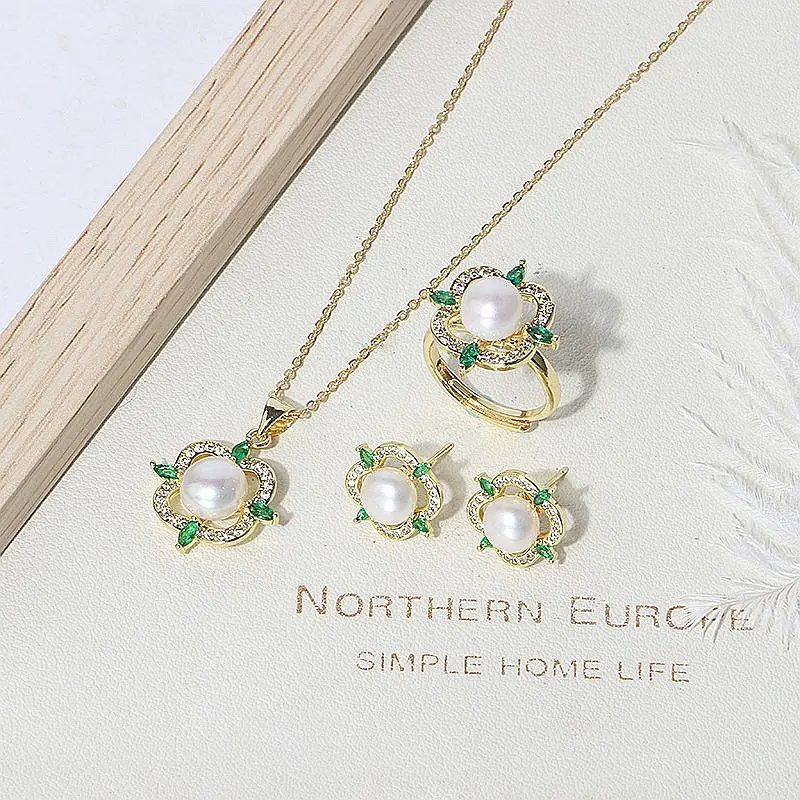 Women Jewelry Set Elegant Four-leaf Clover Necklace Earrings Copper Plated Real Gold Jewelry