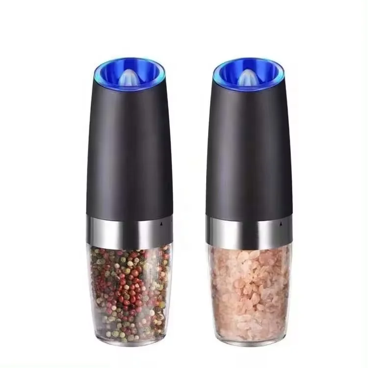 Electric gravity salt and pepper grinder set spice jar rechargeable Black pepper mill grinder with blue light and stand single