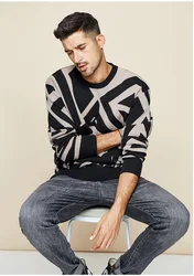 Мужской трикотажный жаккардовый свитер с круглым вырезом и длинными рукавами