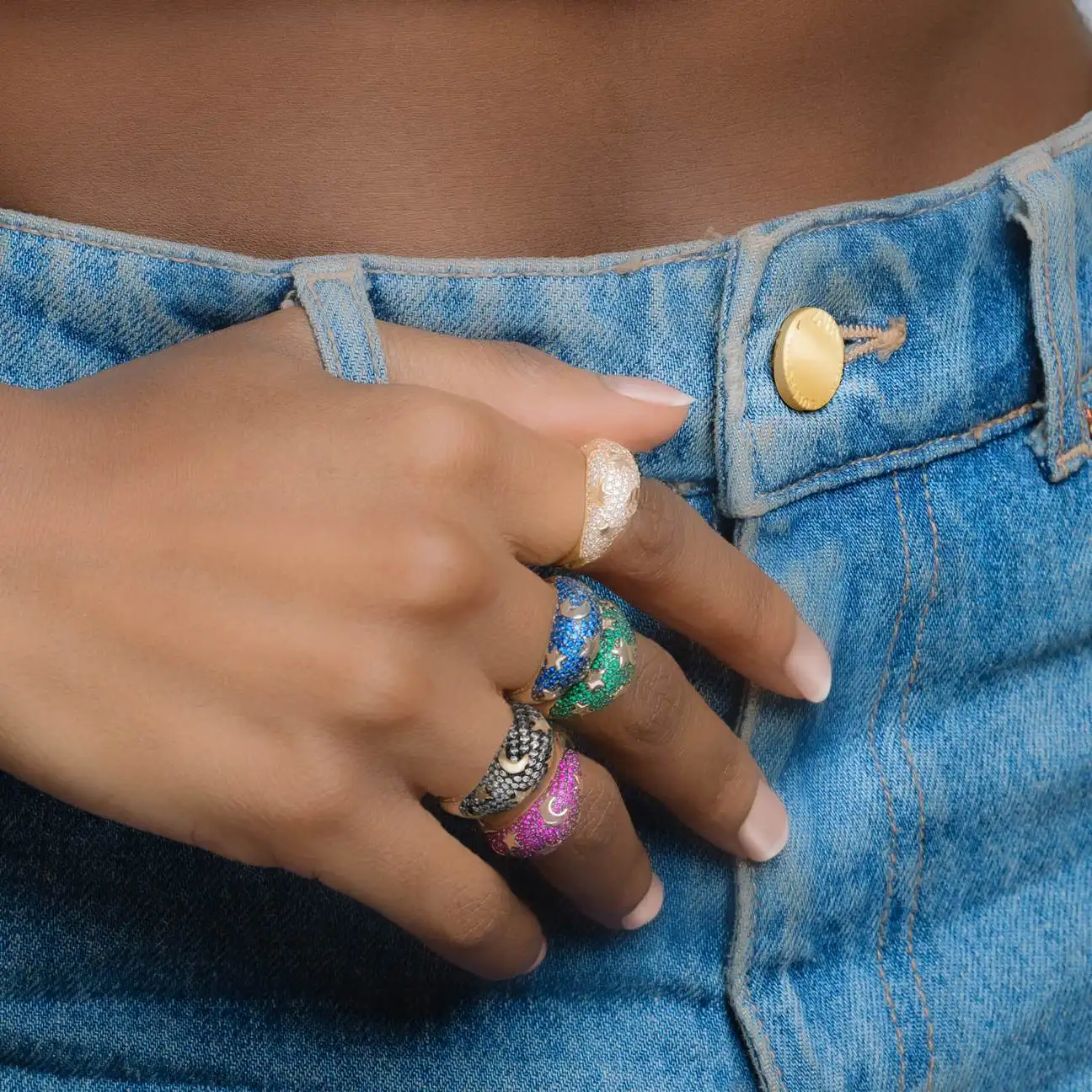 Moon Star Zirconia CZ Women Finger Chunky Band Rings 18K Gold Plated Ring Jewelry Accessories