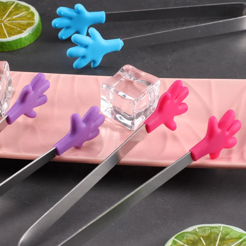 High quality 5.5 inch SS handle funny mini silicone stainless steel cube sugar ice food tongs