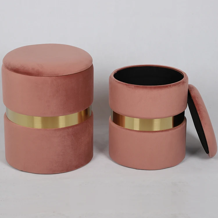 Round Velvet Storage Ottoman Foot Rest Stool/ Upholstered Footstool/ Side Table Seat Make Up Stool with Stainless Steel Band