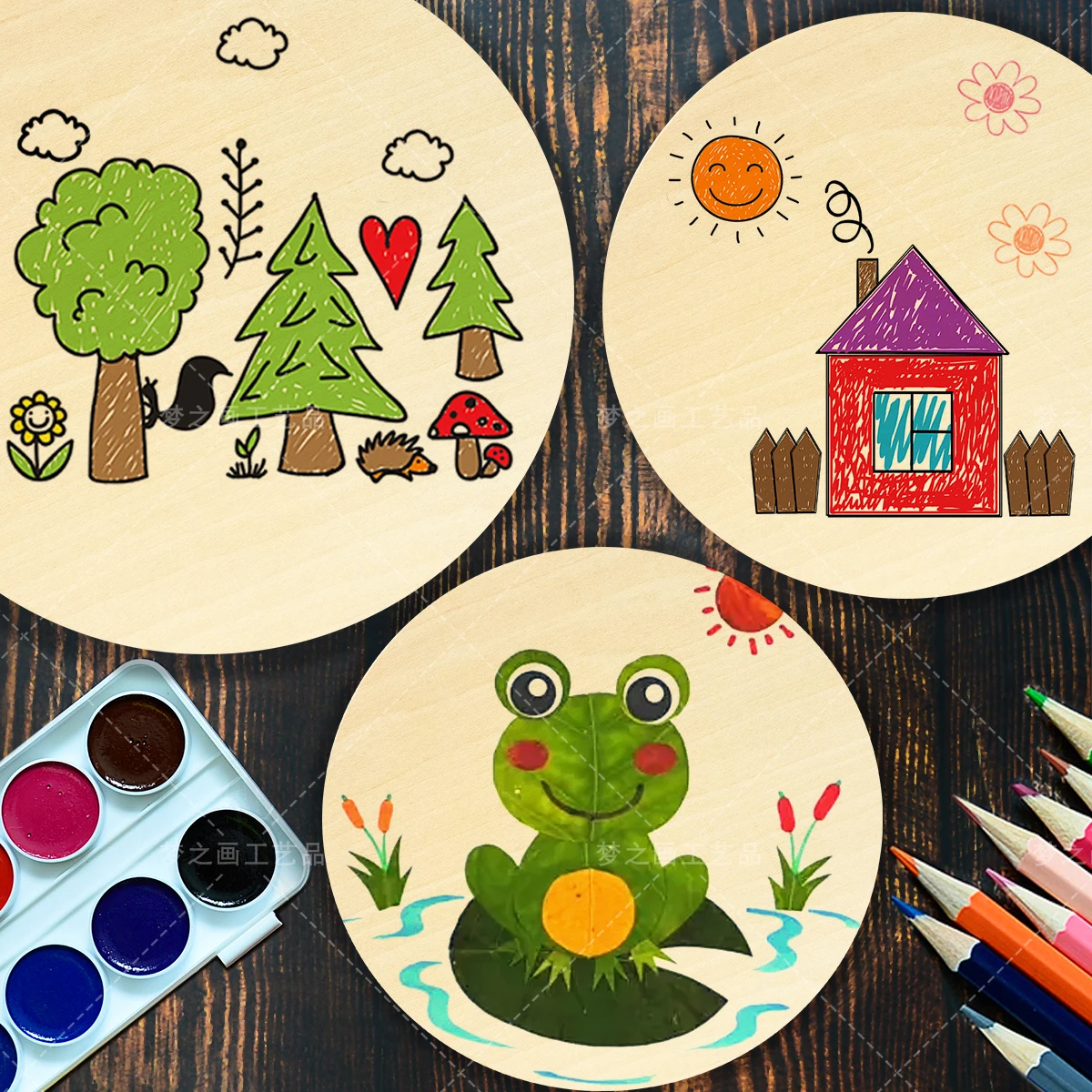 Art Supplies 10X10Cm Unfinished Wooden Painting Frame, Round Basswood Wooden Frame For Oil Acrylic Painting