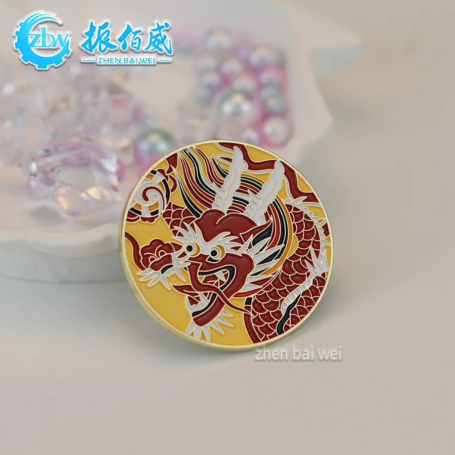 Cheap custom metal soft enamel strong magnet badge, metal gold plated round cartoon dragon year limited soft enamel badge