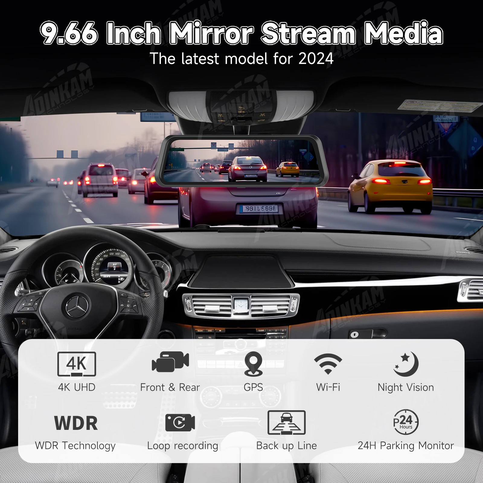 ADINKAM Car OEM CarPlay Display Rearview Mirror Screen Dashcam DVR Recorder Mirror Stream Media Front Rear Camera Device
