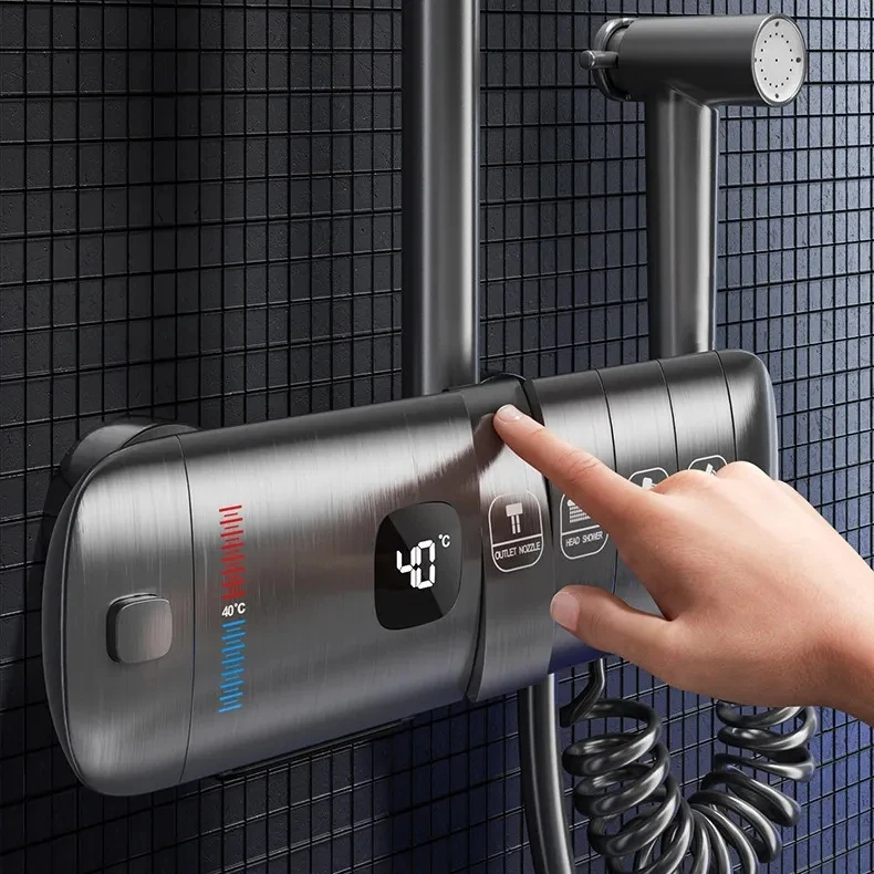 Dark Grey Smart Shower Digital Display No Battery 4 Way Rainfall Piano Shower Set Mixer With Thermostatic valve Shower System