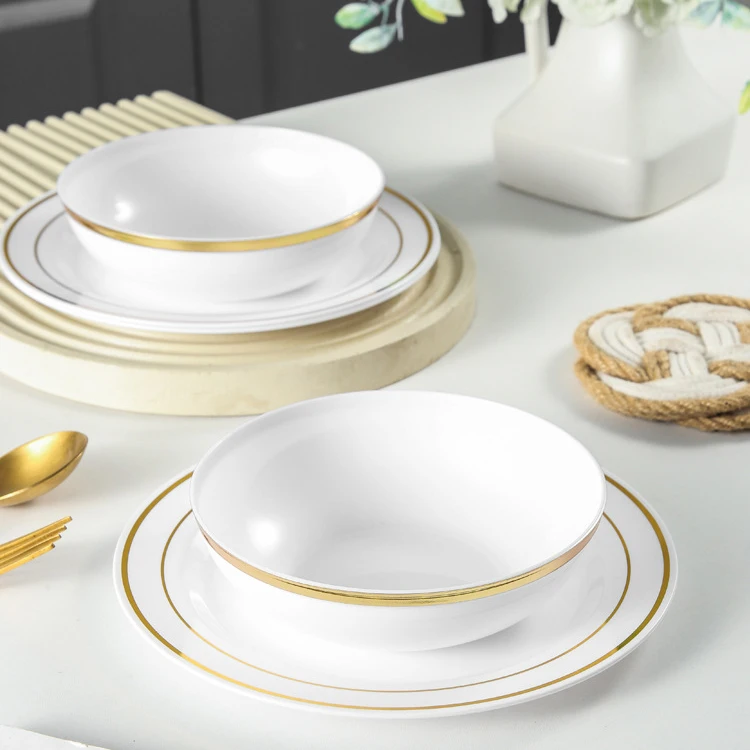 2024 Nordic Modern High Grade Gold Rim Bright White Porcelain Tableware Set Round Dinner Plates Antique Reef Gold Wedding bowls