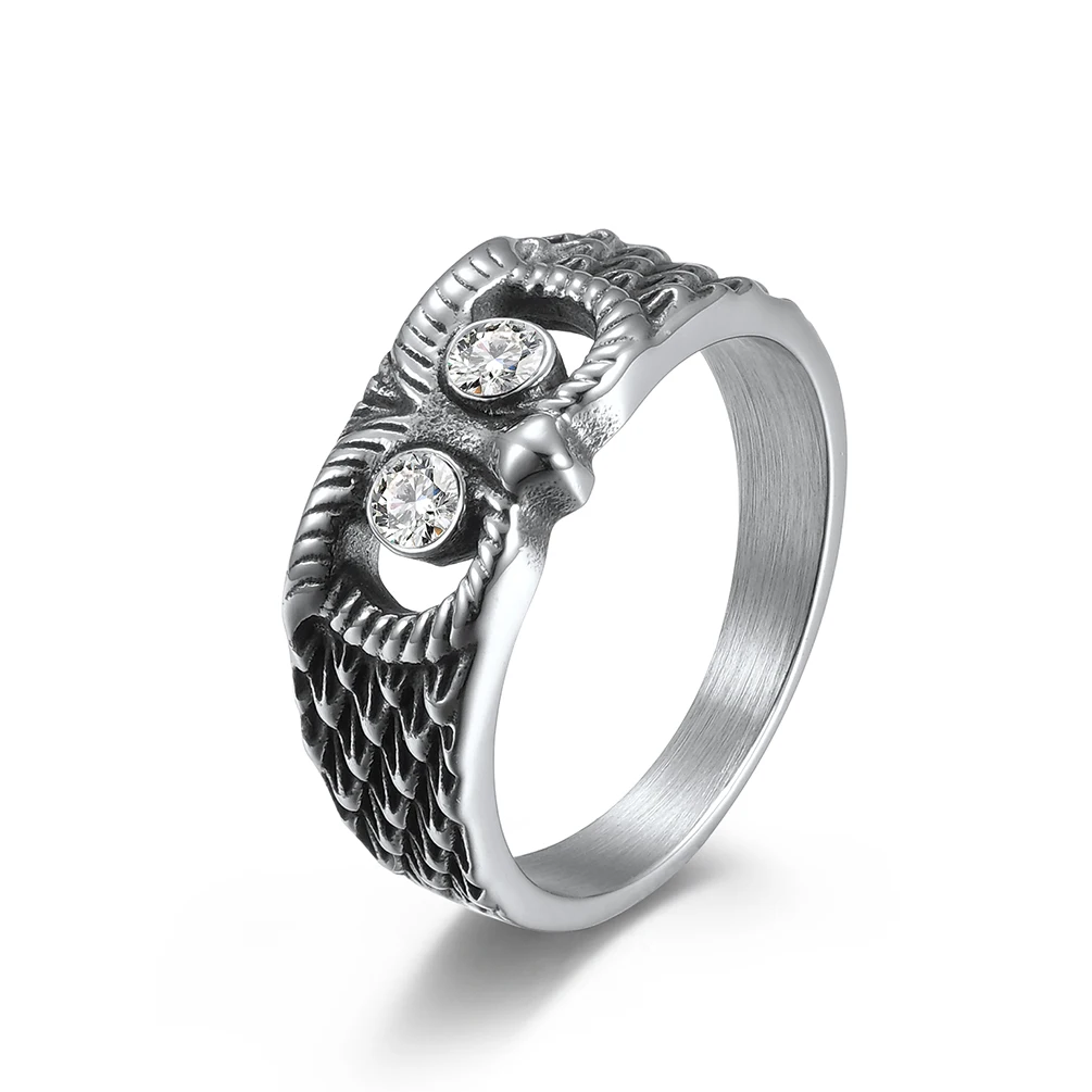High Polished 9mm Stainless Steel Owl Ring Customizable LOGO Old Silver Black Inlaid Zircon Animal Rings for Men and Women