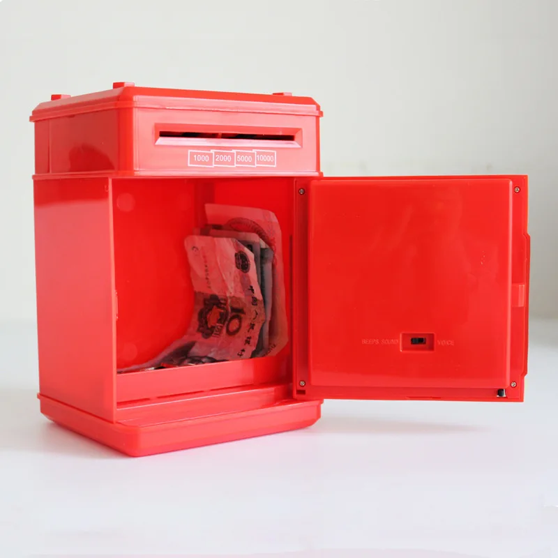 Personalized promotional password lock atm machine digital safe box red piggy bank automatic roll money for birthday present