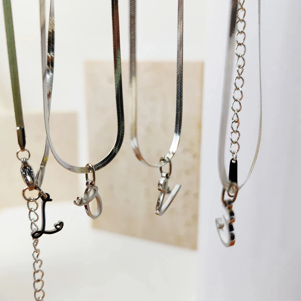 eManco DIY Flat Snake Chain Love Letter Initial Necklace Stainless Steel Jewelry Alphabet Pendant Necklace