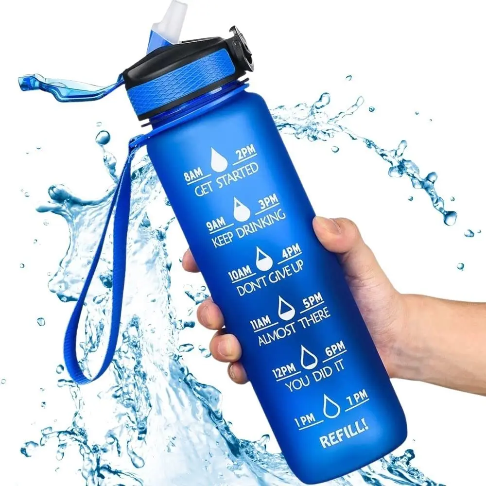 Hiking Water Bottle Frosted Plastic Bottle 1 Liter 32 Oz Motivational Water Bottle With Time Marker Reminder