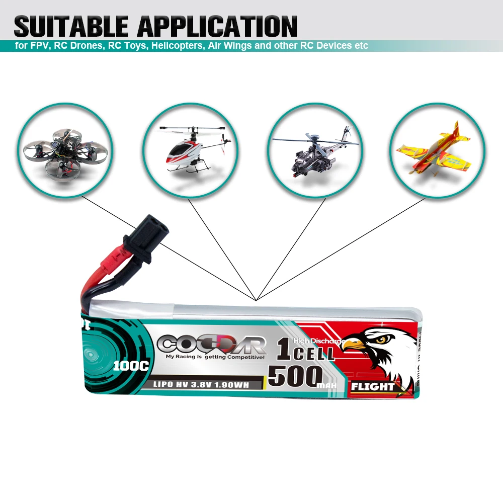 CODDAR LiPo Battery 1S 500MAH 3.8V 100C A30 with Cabled FPV Drone High Voltage HV LiHV Lithium Polymer