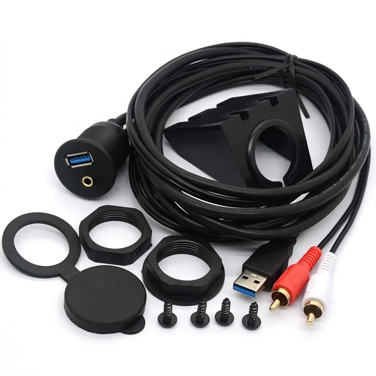 USB 3.0 & 3.5mm AUX 2 RCA Male to USB and 1/8 Audio Stereo Female Dash Panel Mount Extension Code for Car Bike Boat Motorcycle
