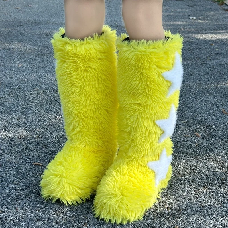 2024 Winter Women Five Star Faux Fur Long Boots Warm Plush Platform Knee-high Boot Outdoor Furry Cute Over-the-knee Pink Boots