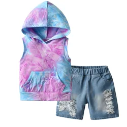 Summer new foreign trade cross border supply boys and girls tie dyed sweater sleeveless hooded Pullover shorts two-piece set