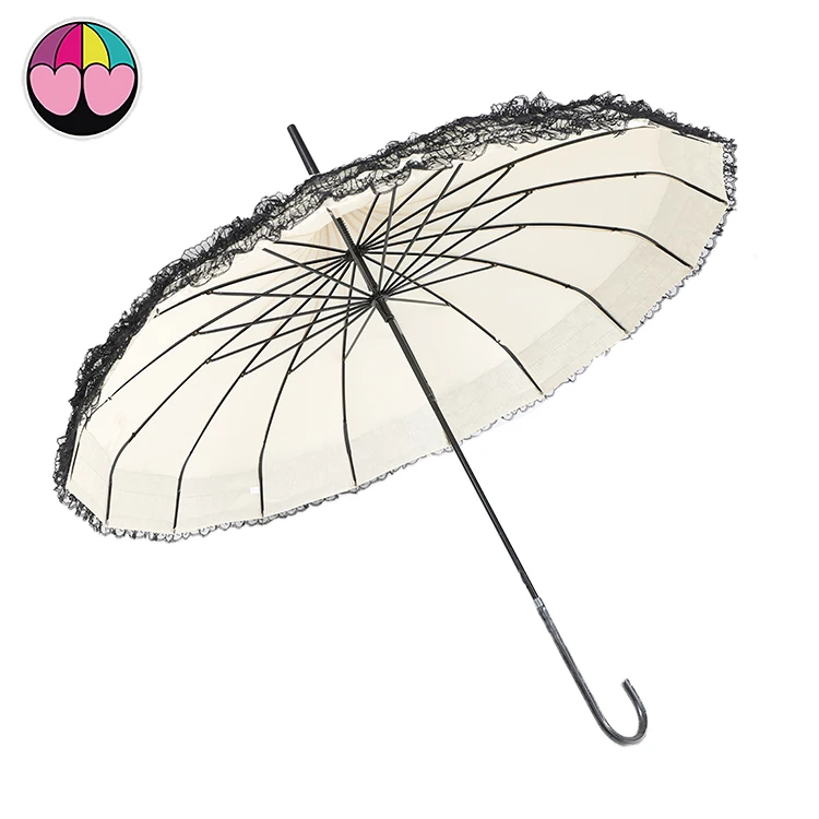 New idea design pagoda shape lace 21inches 16 ribs manual open ladies straight umbrella for wedding leather handle