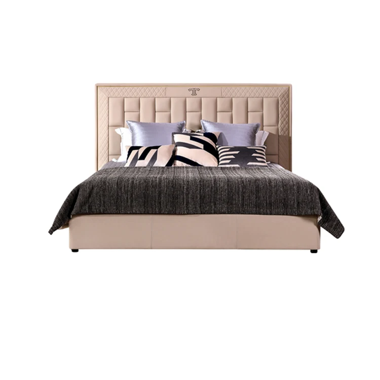 Modern Italy solid wood tatami furniture leather champagne color queen size frame soft bed