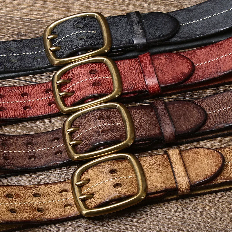 New retro personality trend to do old double buckle belt male leather pure cowhide Korean casual denim beltd