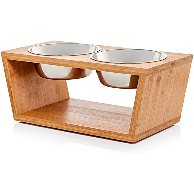 OEM custom logo adjustable height wooden stand pet dog cat dual stainless steel food water ceramic bowl