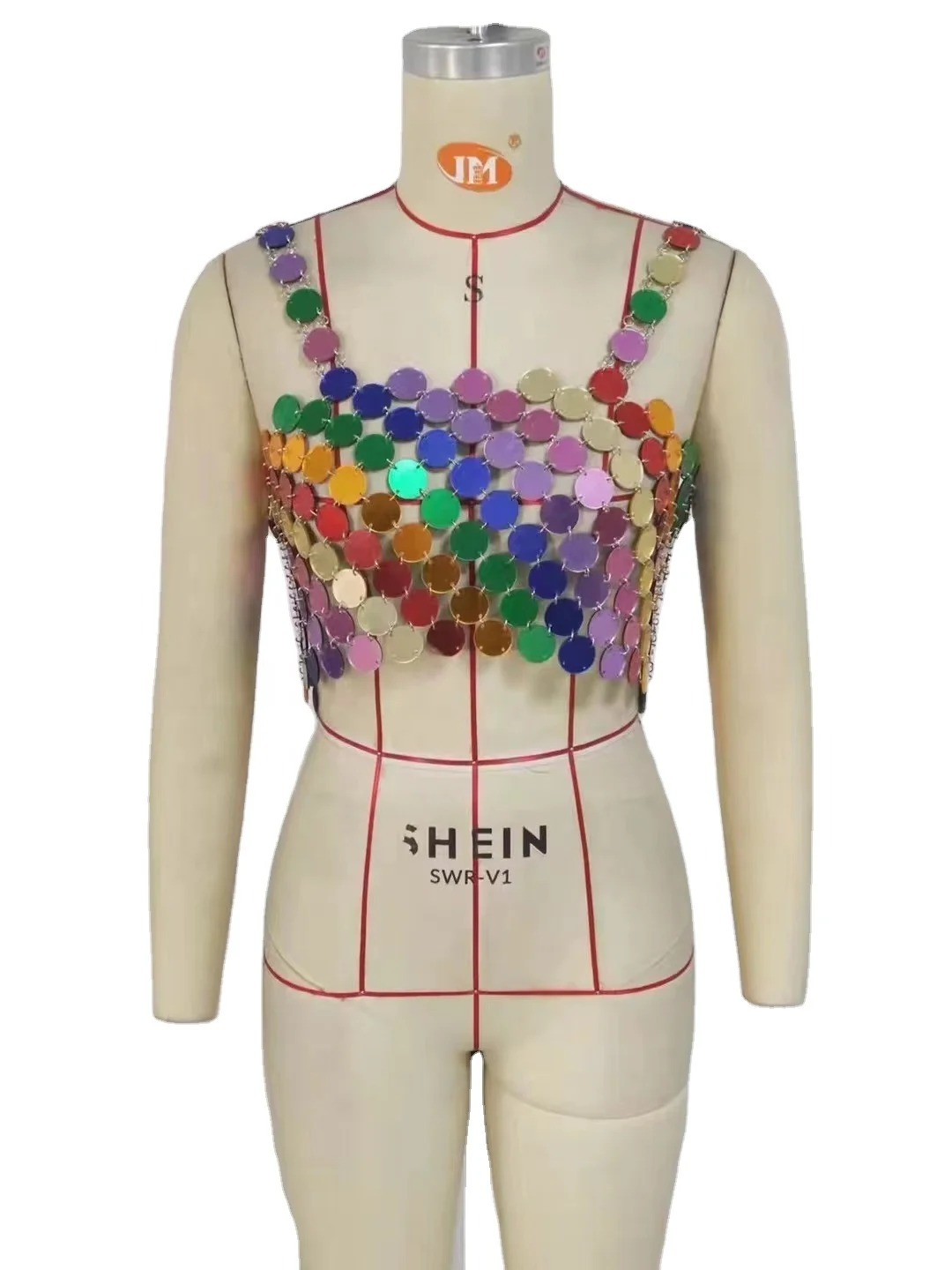 Short Shiny Sexy Colorful Handmade  Acrylic Braided Paty Wear Body Chain Top Mirror Disc Party Dress For Women