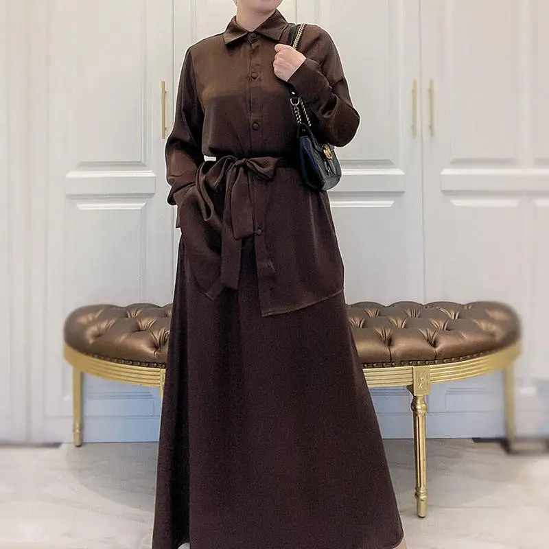Co Ord 2 Piece Satin Silk Suit Muslim Islamic Clothing Button Up Long T-shirt Match Pockets Skirt Borong Abaya Baju Kurung