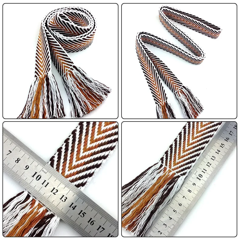 REWIN Bulk Custom Ethnic Style Herringbone Pattern Woven Cotton Boho Tassel Belts for Lady