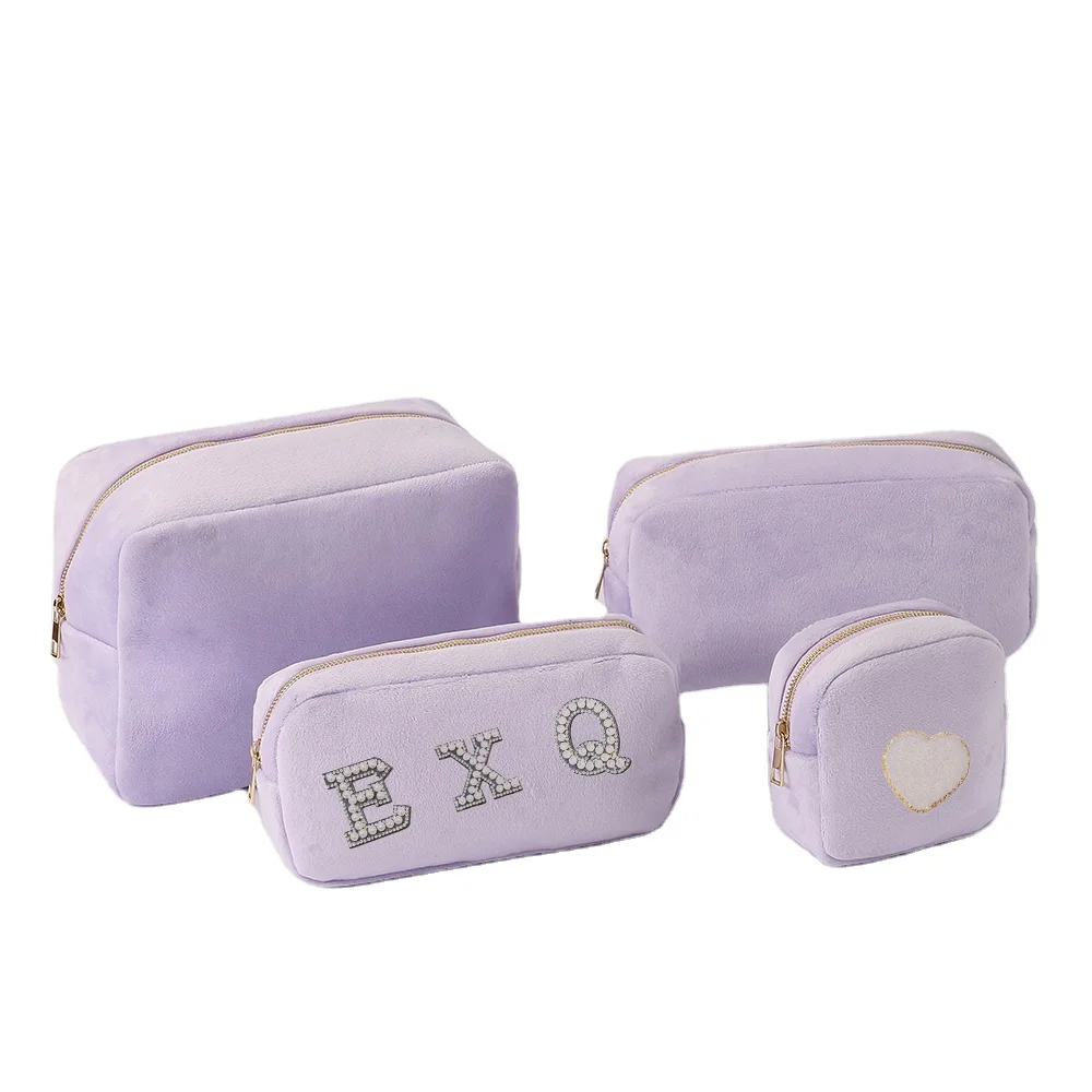 Low MOQ Fast Shipping Factory Wholesale Personalized Lavender Velvet Toiletry Set Cosmetic Pouch Makeup Bag Card Holder Wallet
