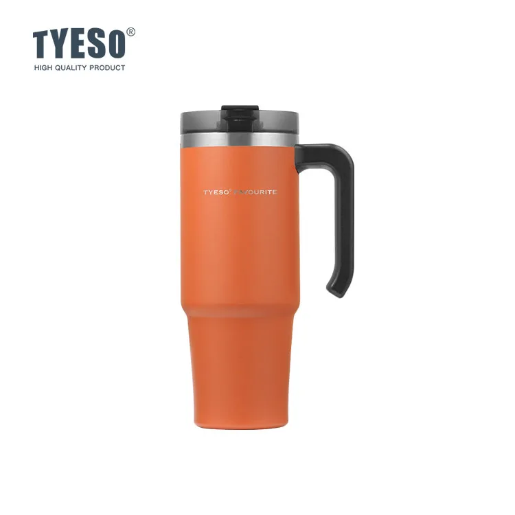TYESO TS-8748 VACUUM INSULATED TUMBLER THERMAL COFFEE CUP LARGE TRAVEL MUG WITH Handle and Bpa Free Lid PP STRAW