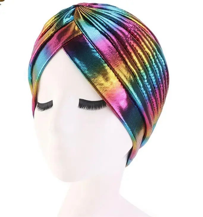 iridescent Laser Bright Stretchable Indian Hat Metallic Arab India Pleated Turban Headwrap Wedding Arabic Turban Men