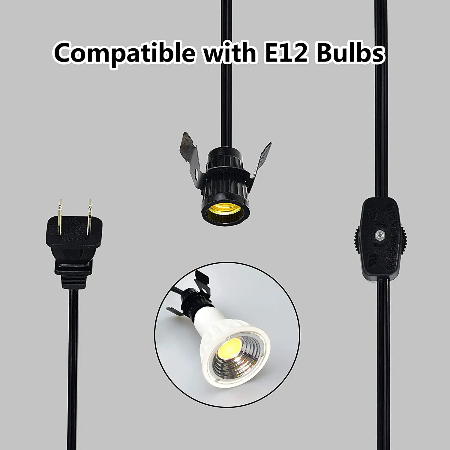 Snap-In Pigtail Candelabra-Base E12 Socket and Handy In-line Power Switch US Plug Electrical Lamp Cord