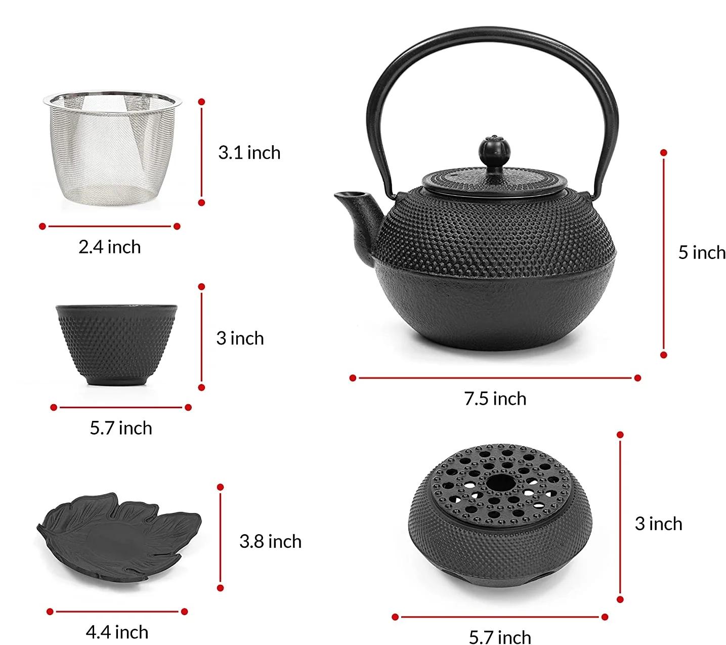 Customized Cast Iron Teapot Set 40oz Enamel Coated Cast Iron Tea Kettle with Tea Cups, Saucers, Infuser & Warmer
