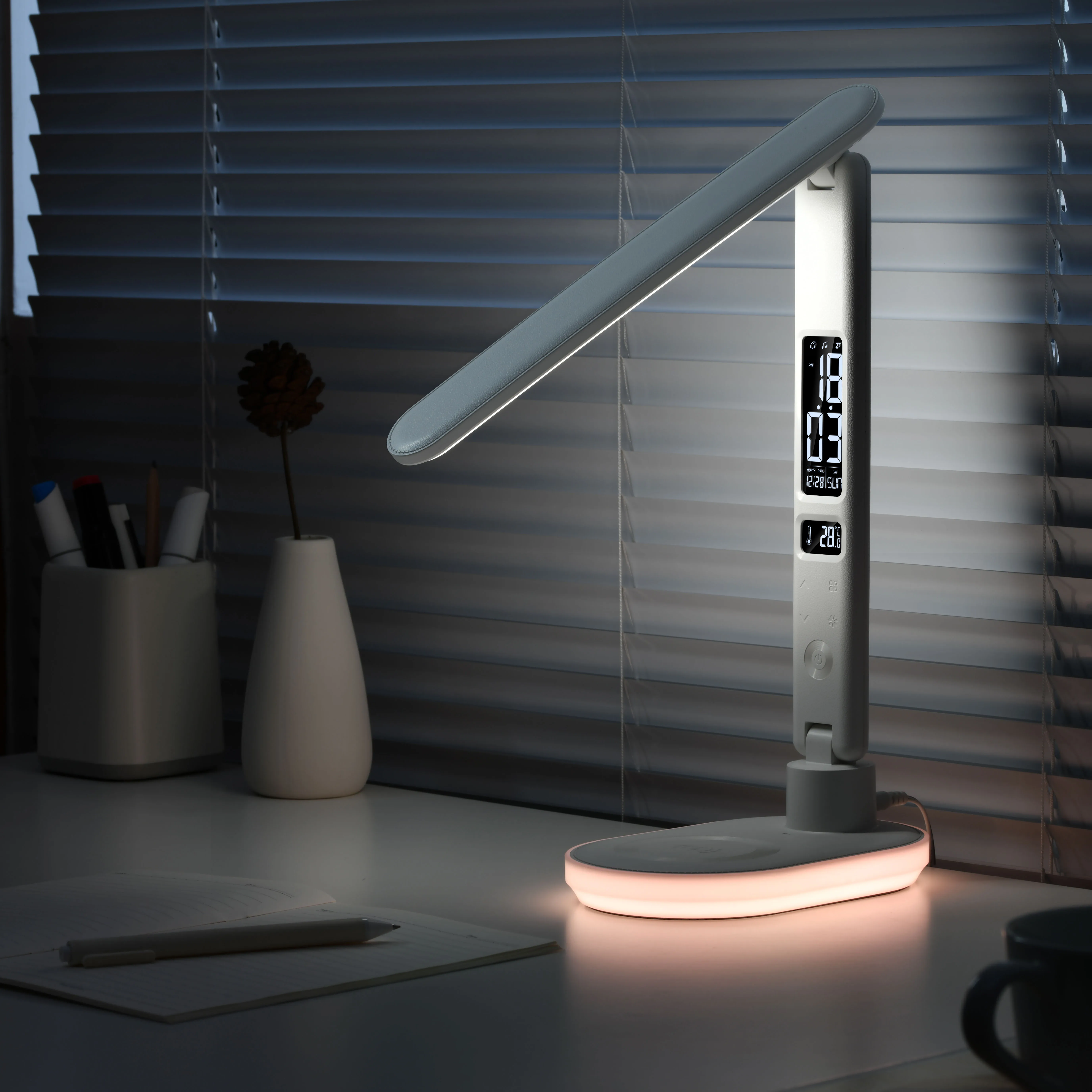 Hot Selling Multifunctional Wireless Charger Led Desk Lamp with USB Charging Port Clock Alarm Date Temperature for Home Office