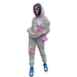 LW-9062 Hot popular design cartoon print women autumn and winter long sleeve hoodies and jogger two piece top & pants set