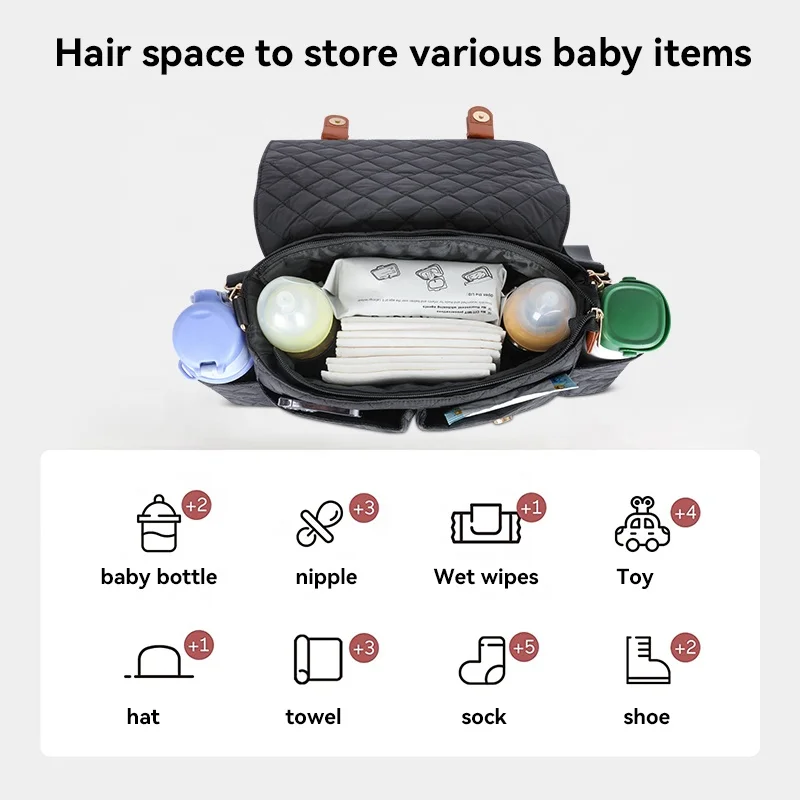 Custom Large Capacity Waterproof Travel Stroller Hanging Diaper Bag Quilted Baby Stroller Organizer with Cup Holder