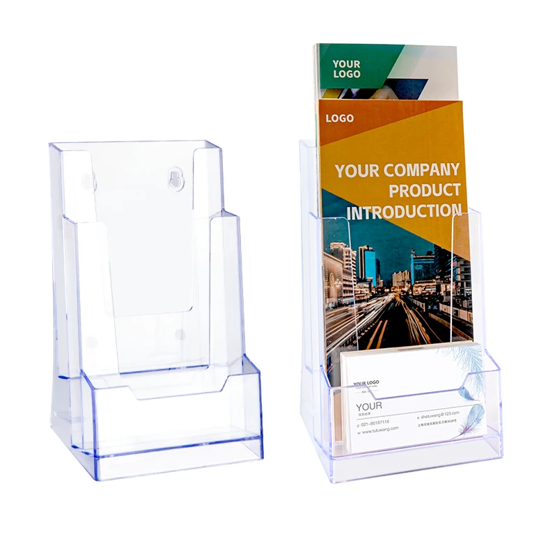 A6 size brochure holder with business card holder acrylic display literature holder rack brochure stand for magazine K-442