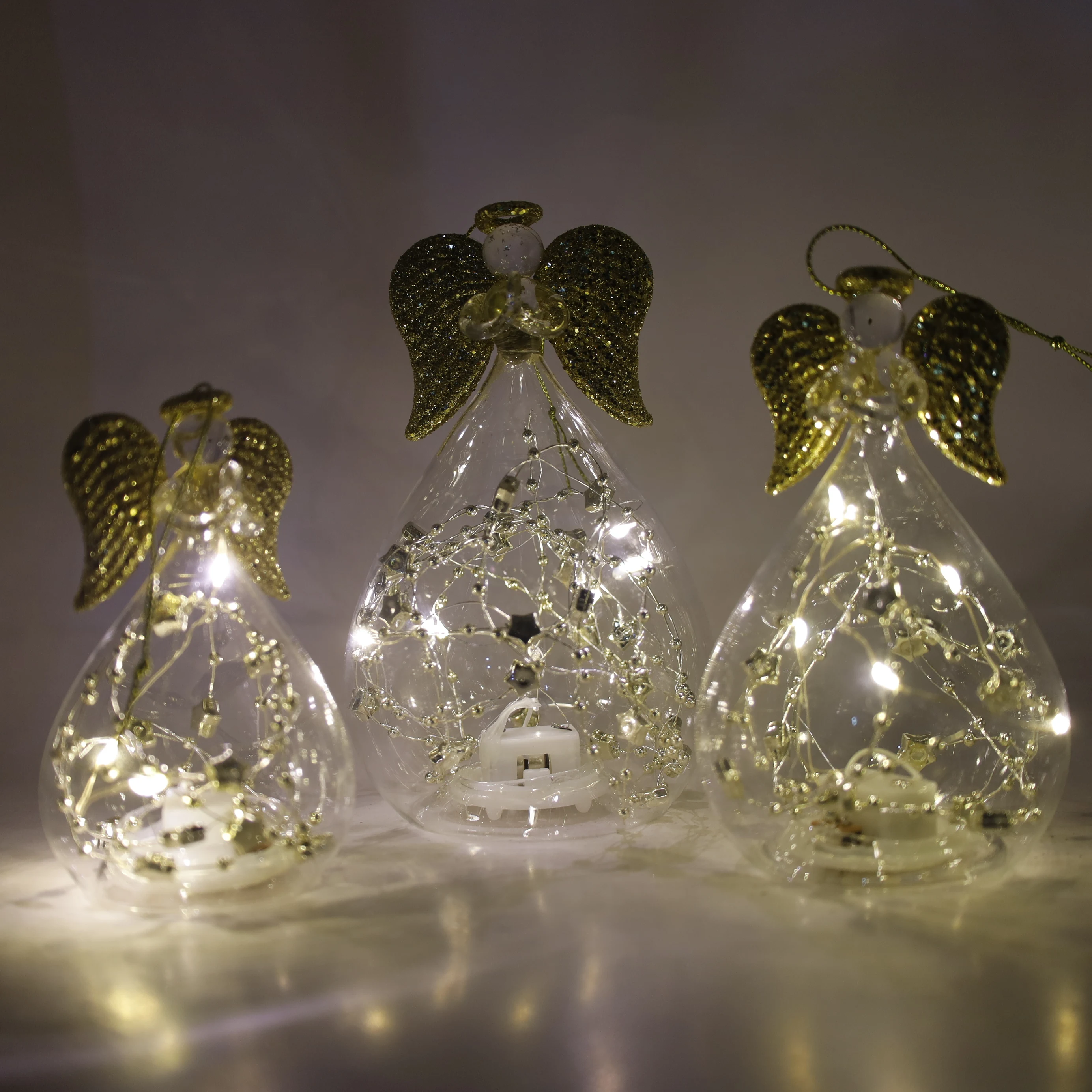 Украшение на День святого Валентина, 5*5*11 см, прозрачный материал, золотые блестящие крылья, пятиконечные звездочки, светодиодные рождественские стеклянные ангелы