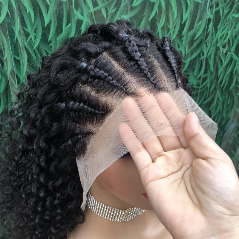 Factory Hot Sale Raw Human Hair Braided HD Lace Front Curly Wig Pre Plucked Bleached Knots Human Hair Braided Lace Front Wigs